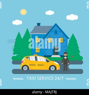 Maschine gelbes Taxi mit Fahrer in der Stadt. Öffentliches Taxi Service Konzept. Flache Vector Illustration. Stock Vektor