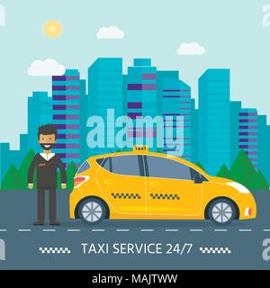 Maschine gelbes Taxi mit Fahrer in der Stadt. Öffentliches Taxi Service Konzept. Flache Vector Illustration. Stock Vektor
