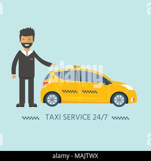 Maschine gelbes Taxi mit Fahrer in der Stadt. Öffentliches Taxi Service Konzept. Flache Vector Illustration. Stock Vektor