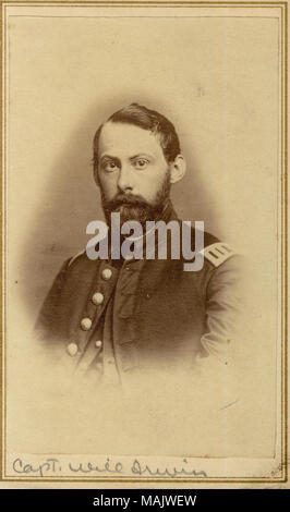 Büste Porträt eines Mannes in Uniform. "Capt. Wird Irwin" (Abbildung unten) geschrieben. "Capt wird Irwin' (auf der Rückseite des Bildes geschrieben). Vielleicht Kapitän William Erwin von Co.D, 11 Missouri Volunteer Infantry. Titel: William Irwin, Kapitän, das Unternehmen D, 11 Missouri Volunteer Infantry (Union). . 1863. J.J. Outley, St. Louis Stockfoto