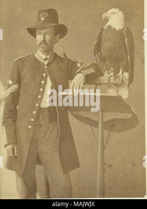 Brustbild eines Mannes in Uniform mit Hut mit Eagle Insignia. Ein Adler ist auf einer Stange mit einem Schild befestigt ist, die der Sergeant auf schiefen ist thront. "Die CENTINNIAL FOTO VON 'Old Abe", die Live Wisconsin Krieg Eagle." (auf der Rückseite aufgedruckt). [Unleserlich Gouverneur' (auf der Rückseite). Das Thema ist eine nicht identifizierte Sergeant der Fernmeldetruppe, vermutlich zu dem "Eisernen Brigade, "die Wisconsin Einheit, die "Alten Abe' (ein Adler Maskottchen) in die Schlacht. Titel: Nicht identifizierte Signal Sergeant mit dem Wisconsin Krieg Eagle (Union). . 1876. Centennial Fotografische Stockfoto