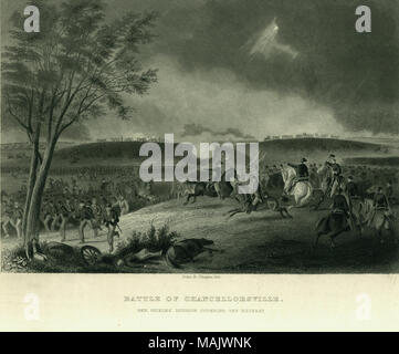 Drucken von Truppen und ein Wagen Rückzug auf der linken Seite des Bildes mit acht Männer auf Pferden auf der rechten Seite des Bildes. Hinter dem Reiter ist eine weitere große Gruppe von Soldaten. Es gibt eine Vielzahl von Soldaten im Hintergrund mit mehreren Kanonen und Besatzungsmitgliedern auf einem Bergrücken. "Schlacht von CHANCELLORSVILLE. GEN. Die SICHELN" ABTEILUNG FÜR DEN RÜCKZUG." (Abbildung unten). "Von: Die großen Bürgerkrieg. Vol. III von Robt. Towes, M.D., Benjamin G. Smith Pub. Durch Yorston [?] und [?], 1865' (auf der Rückseite). Titel: "Schlacht von chancellorsville. Gen. Sicheln" Abteilung für den Rückzug". Stockfoto