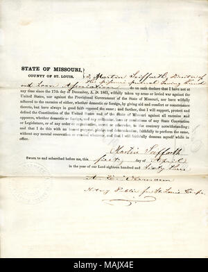 Schwört den Eid der Treue gegenüber der Regierung der Vereinigten Staaten und des Staates Missouri. Titel: Treue Schwur von Martin Seiffarth von Missouri, Grafschaft von St. Louis. 9. April 1863. Seiffarth, M. Stockfoto