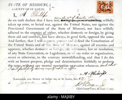 Schwört den Eid der Treue gegenüber der Regierung der Vereinigten Staaten und des Staates Missouri. Titel: Treue Schwur von A. Phillips von Missouri, Grafschaft von St. Louis. 12. Juni 1863. Phillips, A. Stockfoto