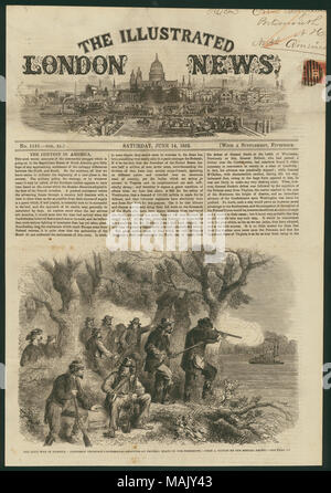 Vorderseite mit Impressum Der Illustrated London News für Samstag, Juni 14, 1862 einen Artikel und die Hälfte - Seite Holzstich. Die Gravur verfügt über eine Gruppe von Männern steht hinter Bäumen am Flussufer und das Feuern von Gewehren auf einem Dampfschiff. Die Illustrated London News, Nr. 1149. Vol.XL, S. 599. Titel: Seite Der Illustrated London News mit der Abbildung: "Der Bürgerkrieg in Amerika: Jefferson Thompson's Guerilla Shooting an der Boote auf dem Mississippi.". 14. Juni 1862. Stockfoto