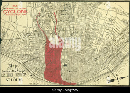 Titel: 'Map, die den Weg der der Cyclone, Mittwoch, 27. Mai 1896.' (auf der Karte zeigen die Lage der Hauptwohnsitz Bezirke in St. Louis überlagert). . 1896. Nach Jak. C. Travilla Stockfoto