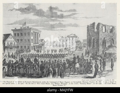 Drucken von Soldaten im Vordergrund beobachten einen Trauerzug im Hintergrund. Auf der rechten Seite der Skizze ist eine zerstörte Gebäude. Andere Gebäude in der Mitte und auf der linken Seite. Im folgenden Bild ist eine Beschreibung der Szene: "Die Trauerfeier für die Getöteten der Fremont Body-Guard, unter dem Kommando von Major Zagonyi, in Springfield, Missouri 28. Oktober 1861. Aus einer Skizze von unseren speziellen Künstler vor Ort. Auf der linken Seite neue Court House, jetzt Lazarett; in der Mitte, Bank- Haus; auf der rechten Seite Old Court House, 27. Oktober brennen." Titel: "Die Trauerfeier für die Getöteten der Fremont Body-Guard, Unte Stockfoto