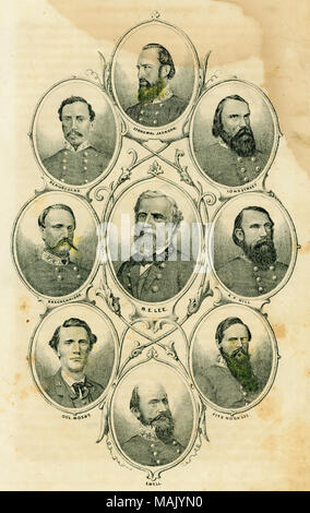 Drucken der Büste Porträts von neun Konföderierten Generalen. Themen sind u.a. die Generäle Stonewall Jackson, Longstreet, A.P. Hill, Fitzhugh Lee, Ewell, Greckenridge, Beauregard, und Lee und Oberst Mosby. Namen gedruckt unter Portraits. Titel: Confederate Generäle (Themen Generäle Stonewall Jackson, Longstreet, A.P. gehören Hill, Fitzhugh Lee, Ewell, Greckenridge, Beauregard, und Lee und Oberst Mosby). . Zwischen 1861 und 1865. Stockfoto