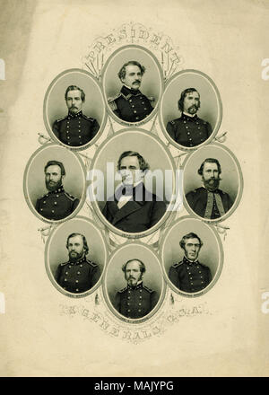 "Präsident und Generäle C.S. A." (Jefferson Davis umgeben von Generäle Robert E. Lee, A. S. Hill, J.E.B. Stuart, Braxton Bragg, Joseph E. Johnston, John Morgan, Thomas J. Jackson, und Beauregard). Stahlstich von J.C. Buttre, New York, 1863. Missouri History Museum Foto und Drucke Sammlung. Bürgerkrieg. P 0084-0797. Stockfoto