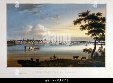 Horizontale handcolorierte Lithographie zeigt ein Blick auf die St. Louis aus dem Südosten von der Illinois Ufer des Mississippi. Ein kleiner Teil der Insel ist in der Mitte links Boden sichtbar, der Dampfgarer St. Louis unterwegs gezeigt wird, geht nördlich. Mehrere andere Dampfer, angelegte und unterwegs, werden im Hintergrund enthalten. Im Vordergrund rechts sind zwei Rinder weiden am Ufer. Titel: Der outheast Ansicht von St. Louis, von der Illinois Ufer'. . Ca. 1840. J. C. Wild Stockfoto