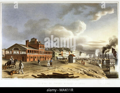 Horizontale handcolorierte Lithographie zeigt Front Street auf der St. Louis Deich aus Südosten. Der Dampfgarer Alton an der Spitze einer langen Reihe von flussschiffen gezeigt wird am Deich. In der Nähe der Alton, zwei Indianer erscheinen zu erwägen, die Fülle der Aktivität auf dem Deich. Titel: "Blick auf die Front Street, St. Louis. Veröffentlicht und durch J. C. Wild am Missouri republikanischen Offic [sic]' Lithographierten. . Ca. 1840. J. C. Wild Stockfoto