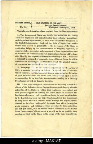 Liste der Aufträge, die aus dem Krieg Abteilung empfangen wurden. Titel: Allgemeines Bestellungen, Nr. 18, dem Sitz der Armee, der Adjutant General Office, Washington, 21. Februar 1861. 21. Februar 1861. Thomas, Lorenzo, 1804-1875 Stockfoto