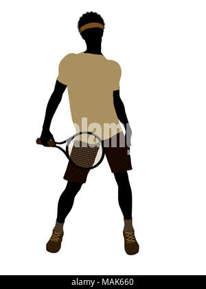 Afrikanische amerikanische Tennisspieler Art illustration Silhouette auf weißem Hintergrund Stockfoto