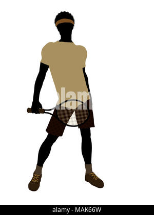 Afrikanische amerikanische Tennisspieler Art illustration Silhouette auf weißem Hintergrund Stockfoto