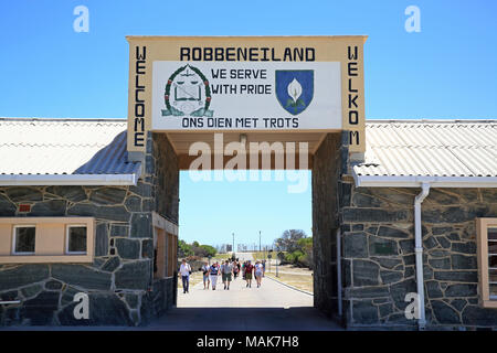 Eingang zum Gefängnis auf Robben Island, Cape Town, der zum UNESCO-Weltkulturerbe und berüchtigt für seine berühmtesten Gefangenen Nelson Mandela. Stockfoto