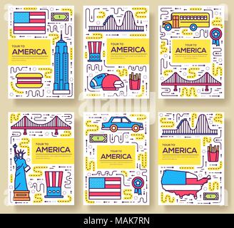 USA Vektor Broschüre Karten dünne Linie eingestellt. Land reisen, Vorlage von flyear, Zeitschriften, Plakate, Cover, Banner. Layout Kultur denkmal Umrisse Illustrationen moderne Seiten. Stock Vektor