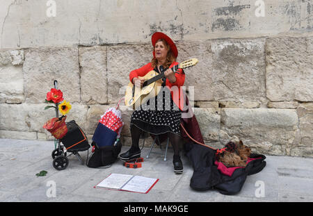 Frau Straßenmusik mit ihrem Hund in Arles, Frankreich Stockfoto