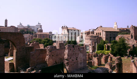 Forum Romanum, Rom AKA Foro Romano. Mit Temple of Antoninus and Faustina und Santi Cosma e Damiano Stockfoto