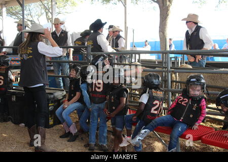 Eine Gruppe junger Kinder warten Hammel sprengen in einem Houston Rodeo gehen Texas USA Stockfoto