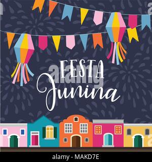 Festa junina, Brasilianische Juni Partei. Lateinamerikanischen Urlaub. Vector Illustration Hintergrund mit Girlande mit Fahnen, Laternen, bunte Häuser und Feuerwerk. Flache Bauform. Stock Vektor