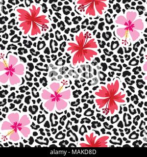 Tropische nahtlose Hintergrund mit Hibiskus Blumen und Leopardenmuster. Exotische Tiere und floralen Vector Illustration. Stock Vektor