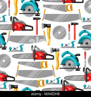 Nahtlose Muster mit Ausrüstung und Werkzeuge für die Forstwirtschaft und Holzindustrie Stock Vektor