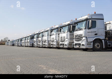 BURG / Deutschland - 11. Juni 2017: Deutsche Mercedes Benz Actros LKW Spedition Firma Neumann steht in einer Reihe. Stockfoto