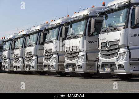 BURG / Deutschland - 11. Juni 2017: Deutsche Mercedes Benz Actros LKW Spedition Firma Neumann steht in einer Reihe. Stockfoto