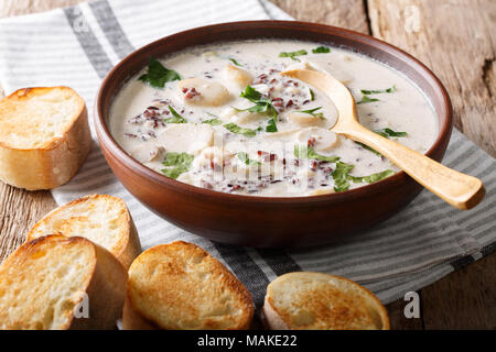 Heiße Suppe von wilden Reis mit Pilzen und Gemüse close-up und Toast auf dem Tisch. Horizontale Stockfoto