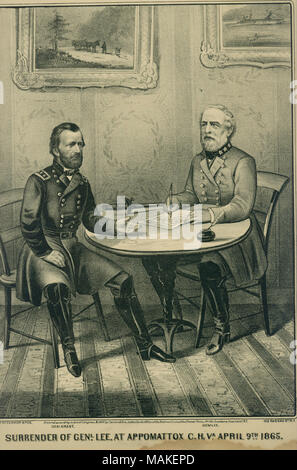 Drucken von Generälen Robert E. Lee und Ulysses S. Grant an einem Tisch während der Übergabe bei Appomattox courthouse in Virginia sitzt. Der URRENDER von GENL. LEE, bei APPOMATTOX C. H. VA. Am 9. April 1865.' (Abbildung unten). Titel: Der urrender von Gen. Lee, bei Appomattox C.H. VA, 9. April 1865.". 1865. Und Currier Ives, New York Stockfoto