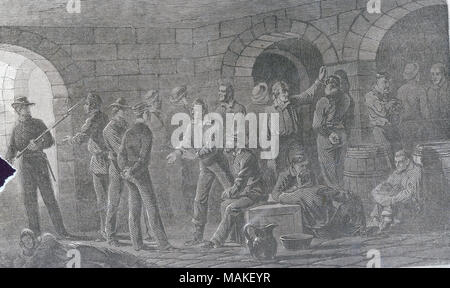 Drucken von 17 Männer Gefangener durch eine einzige Wache halten ein Gewehr mit Bajonett gehalten wird. Noch immer ist ein Mann auf dem Boden liegen im Vordergrund links, 3 sitzen auf dem Boden, man sitzt auf einer Box, und die anderen stehen. [OC] Oktober 5, 1861.] REBEL Gefangenen im Kerker DES STATE HOUSE AM JEFFERSON CITY, Missouri. - [Skizziert VON JAMES A. GUIRL.]' (Abbildung unten). Bild aus einer Zeitung Ausschnitt aus Harper's Weekly, 5. Oktober 1861. Titel: 'Rebel Gefangenen im Kerker des State House am Jefferson City, Missouri.". 5. Oktober 1861. James A. Guirl Stockfoto