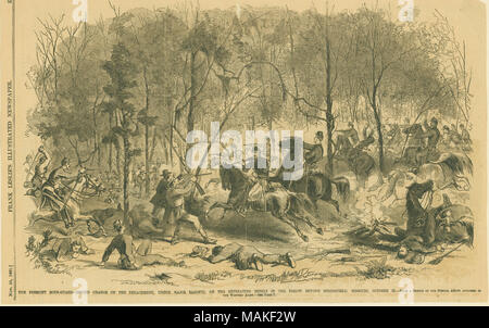 Drucken der Union Kavallerie Truppen laden Konföderierte Infanterie. "Die FREMONT BODY-GUARD-ZWEITE LADUNG DER LOSLÖSUNG, UNTER MAJOR ZAGONYI, AUF DEM RÜCKZUG REBELLEN IN DEN WALD über Springfield, Missouri, Oktober 25. - Aus einer Skizze von unseren speziellen Künstler" (Abbildung unten). "NOV. 23, 1861.] FRANK LESLIE'S illustrierte Zeitung. 13' (entlang der oberen Kante der clipping gedruckt). Bezieht sich auf großen Charles Zagonyi. Zeitung Ausschnitt von Frank Leslie's Illustrierte Zeitung. Titel: "Die Fremont Body-Guard - zweite Ladung der Loslösung, unter Major 'Zagonyi, auf dem Rückzug Rebellen Stockfoto