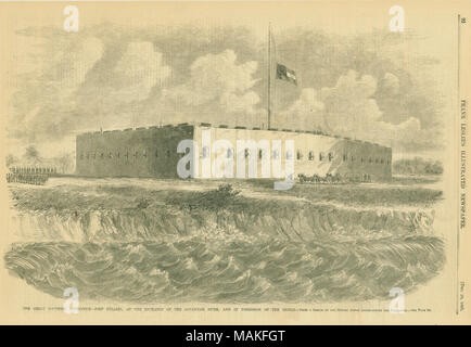 Drucken einer Festung mit Confederate Flagge auf Halbmast. "Die großen Expedition in den Süden - Fort Pulaski, AM EINGANG DES SAVANNAH RIVER UND IM BESITZ DER REBELLEN. - Aus einer Skizze von unseren speziellen Künstler begleitet die Expedition. - Siehe Seite 84." (Abbildung unten). Ausschnitt aus Frank Leslie's Illustrierte Zeitung, 31.12.28, 1861, Seite 92. Titel: "Der große Expedition-Fort Pulaski, am Eingang des Savannah River und im Besitz der Rebellen.". 28. Dezember 1861. Stockfoto