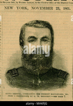 Büste Porträt eines Mannes in Uniform. 'Major ZAGONYI, Befehlen die FREMONT BODY-GUARD, MO. Von EINEM FOTO VON K.W.BENICZKY. - Siehe Seite 7." (Abbildung unten). Bezieht sich auf großen Charles Zagonyi. Von Frank Leslie's Illustrierte Zeitung. Titel: 'Major Zagonyi, Befehlen die Fremont Body-Guard, Mo'. 1861. K.W. Beniczky Stockfoto