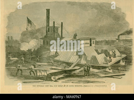 Drucken eines Steamboat mit einem Stapel und eine Union Flag auf Bug in ein kanonenboot konvertiert werden. "Neue Ära" auf dem Boot gedruckt. "Die GUN-BOOT NEUE ÄRA, NUR BEI ST. LOUIS, Missouri. - [Skizziert, DIE VON EINEM KORRESPONDENTEN.]' (Abbildung unten). Zeitung Ausschnitt mit einem anderen drucken, aus Harper's Weekly, 12. Oktober 1861 Seite 646 entnommen. Titel: "Die Gun-Boat neue Ära, nur in St. Louis, Missouri gebaut.'. 12. Oktober 1861. Stockfoto