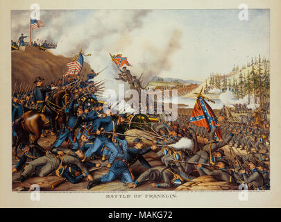 Amerikanischer Bürgerkrieg Schlacht Szene mit Union Truppen verteidigen, einem Hügel sich Eidgenossen. "Schlacht VON FRANKLIN' (Abbildung unten). Zweite Schlacht von Franklin, Tennessee, 30. November 1864. Titel: "Schlacht von Franklin.". 1891. Stockfoto