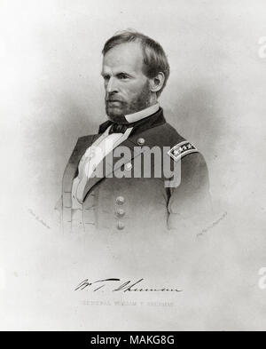 Büste Portrait eines bärtigen Mann in Uniform, und drehte sich nach links. "W. T.Sherman" (Signatur unten Bild gedruckt). "GENERAL WILLIAM T. SHERMAN' (unter Signatur gedruckt). Titel: 'General William T. Sherman" (Union). . Zwischen 1861 und 1865. J.C. Buttre, New York Stockfoto