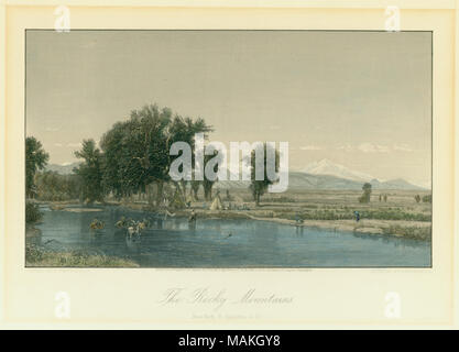 Horizontale handkolorierter Stahlstich vom malerischen Amerika, Band II, ein indianisches Dorf im Vordergrund. Die felsigen Berge im Hintergrund. Titel: "Die Rocky Mountains.". 1871. R. Hinshelwood Stockfoto