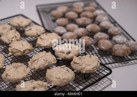 Pessach (Pessach) Backen - coconut Baiser Plätzchen und Zimt Kugeln in Puderzucker bestäubt, am Draht Fach vorgestellt Stockfoto
