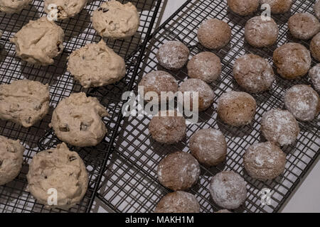 Pessach (Pessach) Backen - coconut Baiser Plätzchen und Zimt Kugeln in Puderzucker bestäubt, am Draht Fach vorgestellt Stockfoto
