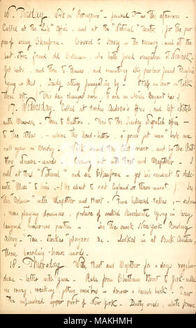 Erwähnt, der Schauspieler Frank Chanfrau für die Erlaubnis, Mose unter den Britishers ihm zu weihen, Besuch von Bill Collinson und Hugh Muir in New Jersey, und eine Nacht mit Dillon Mapother und Henry Hart. Transkription: 16. Dienstag. Arbeiten an? ǣPorcupine? ? Es Am Nachmittag beendet. Am?ǣLife genannt? Büro und am?ǣNational? Theater, für den Zweck des Sehens [Frank] Chauprau. Nach Jersey am Abend überquert und an der boot-Store gefunden Alte [Bill] Collinson, wer hat die Besetzung am Newark gefunden. Ich Stiefel, und dann zu Hauns [79 York St, Jersey City, NJ], und die Sky-pa Stockfoto