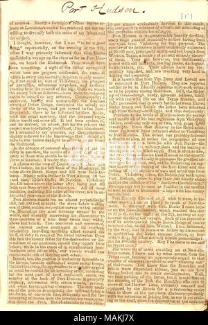 Zeitung Ausschnitt von Gunn für die New York Tribune geschrieben, über den Stand der Dinge bei Port Hudson. Titel: Thomas Butler Gunn Tagebücher: Band 21, Seite 177, Januar 24, 1863 [Zeitung Ausschnitt]. 24. Januar 1863. Gunn, Thomas Butler, 1826-1903 Stockfoto