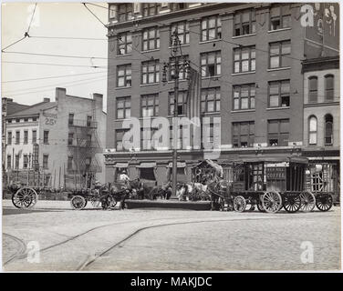 Horizontal, schwarz-weiß Foto zeigt ein Pferd Trog 3. Straße, entweder auf der Washington Avenue oder Lucas Avenue. Pferde ziehen eine Vielzahl von Wagen und Karren sind gezeigt das Trinken aus dem Trog. Zeichen auf den Wagen gehören "Rote Mühle Kaffee' und 'Norwine Coffee Co./311 N 2.St". Mehrere Gebäude sind im Hintergrund gezeigt, darunter auch Russell's Hotel, wahrscheinlich bei 700 North 3rd Street und Kroeger-Amos - James Lebensmittelhändler Firma, wahrscheinlich bei 620 North 3rd Street. Ein typisiertes Hinweis auf der Rückseite der Drucken, möglicherweise eine Ausstellung caption, liest 'Pferd Trog. 1911. Third Street in Washington und Luc Stockfoto