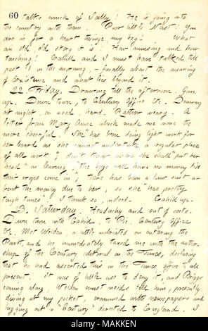 Beschreibt einen Brief von seiner Hälfte erhalten - Schwester Mary Anne Greatbatch. Transkription: spricht viel von Sally [Edwards]! Er wird in das Land mit Ihnen. Arme kleine [Thomas] Nast! Sie sind für ein Herz Twinge, mein Junge! Was für eine alte, alte Geschichte es ist! Wie amüsant und wie rührend! [Frank] Cahill und ich muss bis zum Letzten 1 am Morgen gesprochen haben,? Endlich über den Sinn des Lebens und was liegt darüber hinaus. 22. Freitag. Zeichnung bis in den Nachmittag. [Bob] Gun. Down Town, zu Jahrhundert Büro & C. Zeichnung in der Nacht, auf Holz, hart. Eher träge. Ein Brief von Mary Anne [Greatbatch], die m Stockfoto