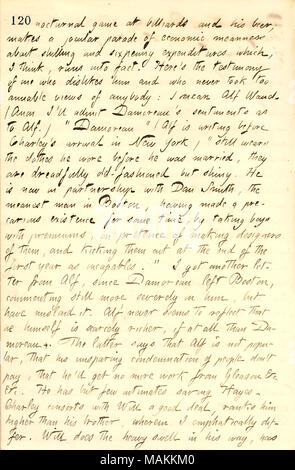 Über Alfred Waud's Meinung von Charles Damoreau. Transkription: Nächtliche Spiel bei Billard und Bier; [Charles Damoreau] macht eine scherzhafte Parade der wirtschaftlichen Gemeinheit über Schilling und Sixpenny Ausgaben, die, glaube ich, in der Tat. Hier ist das Zeugnis eines Menschen, der Ihn ablehnt und die nie dauerte zu liebenswerter Blick auf jeder: Ich meine Alf Waud. (Anon ich Damoreau's Empfindungen, Alf zugeben.) "amoreau" (Alf ist schreiben, bevor Charley's Ankunft in New York) bis trägt die Kleidung, die er trug, bevor er verheiratet war, Sie sind furchtbar altmodisch, aber glänzend. Er ist jetzt in der Partnerschaft Stockfoto