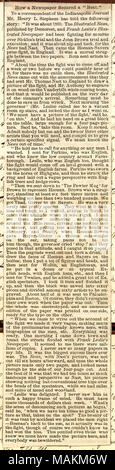 Zeitung Ausschnitt über den Wettbewerb zwischen den New York erläuterte Nachrichten und Frank Leslie's Illustrierte Zeitung im Jahr 1860. Transkription: Wie eine Zeitung sicherte einen "Beat." An einen Korrespondenten der Indianapolis Journal Herr Henry L. Stephens hat folgende Geschichte erzählt: "Es war um 1860. Die Illustrierte News, veröffentlicht von [William Jennings] Demorest und Frank Leslie's Illustrierte Zeitung hatte kämpfen seit Monaten über [Daniel] die Sichel Versuch und den John Brown Versuche und Ausführung: und es war bei Nip und Tuck, für die Nachrichten [Thomas] Nast hatte. Dann kamen die [Johannes] Heenan - [Th Stockfoto