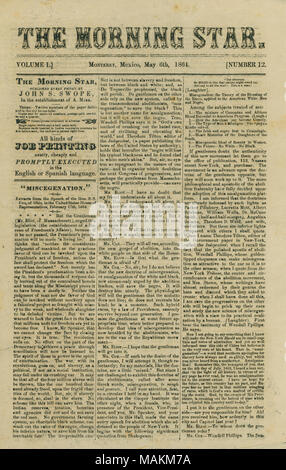 Enthält Artikel über vorgeschlagene Rechtsvorschriften über rassenmischung und Nachrichten der Bürgerkrieg. Titel: Zeitung Ausgabe des Morning Star, 6. Mai 1864. 6. Mai 1864. Morning Star Stockfoto