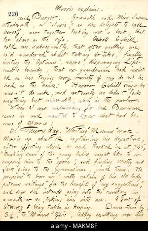 In Bezug auf James Morris seine Pension zu verlassen. Transkription: [James] Morris erklärt. und Burger. Griswold und Miss Susan Woodworth [Woodward], oder? ǣSusie,? Wie sie sich selbst nennen, wurden zusammen mit Blick auf ein Buch, [Peter] Cutler allein auf dem Sofa. Cahill [Frank] Cahill erzählte mir später, dass nach dem Beenden von mir, er?d zur Einnahme von Getränken, schließlich den Besuch der? ǣOptimus, wanderte? Wo, abschätzig Lipscomb?s Brandy, dass Ex-Scots Guards auf seinem versuchen, jede Sorte von Eau de vie, die er im Haus hatte darauf bestanden hatte! Aber Cahill sagt er wasn?t betrunken, und sicherlich er didn?t Stockfoto
