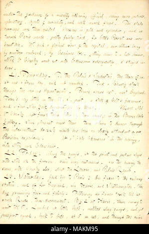 Beschreibt einen Besuch in Versailles in Frankreich. Transkription: unter Anleitung eines nasal Gebrüll Offizielle, sehen mehr Bilder, Polster, Objekte der Neugier, und gut gewachste Böden. Die staatskarossen wurden dann besucht, Blazing in Gold und Glanz, Und wir wandten uns Paris-Stationen, ziemlich ziemlich müde, für wenig [Louis] Perret war unerschöpflich. Wir hatten einen herrlichen Blick auf die Hauptstadt, die Rückreise von einem anderen Eisenbahn, durch Asmieres&c, zu Hause zu einem späteren Abendessen. Ned [Gunn] & Charley [Gunn] ging mit Edenshaw nachträglich, ich war drinnen. 21. Donnerstag. Das Palais d+?-?-? Indus Stockfoto