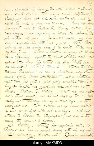 Beschreibt man einen Abend mit der Ornithoryncus Club. Transkription: In seiner [Jesse Haney?s] Anteil der Dachboden aufgegeben, ich habe es jetzt alle, und einen kleinen Herd. ? Tis geräumig genug, halbe Dach schräg, und sieht im Westen und Süden über die Stadt und durch die Nächte der Wind ist grue - einige zu hören. Haben Taucher reisen in die Bowery Zahnarzt, Zähne zu erhalten, um Preterre gestoppt und eine intensive Tic-doloreux wie Schmerzen in Ihnen und Backen. [Joseph] Greatbatch schreibt, und ich Beantworten, Weiterleiten von ihm Briefe und Papiere. Besucht [James] Parton und seine Frau [Fanny Farn] am Abend, wenn sie in Stockfoto